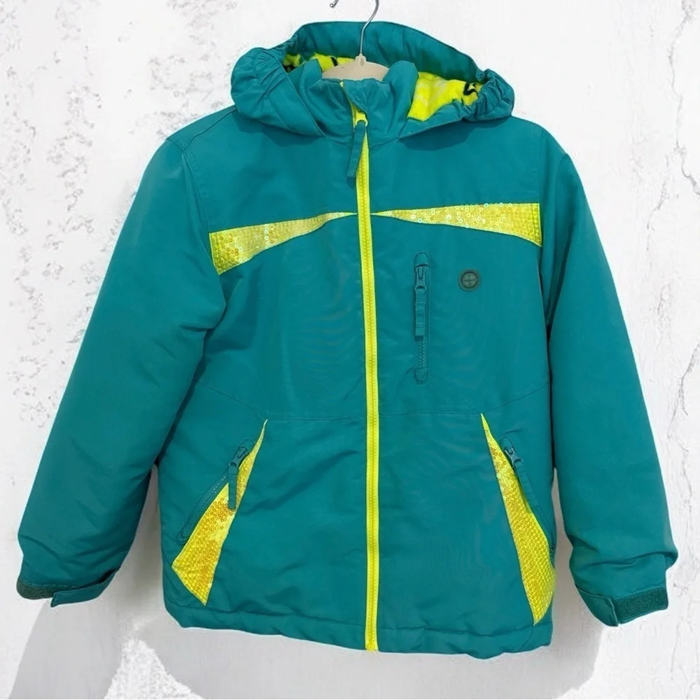 Athletech Girls Teal and Neon Yellow Sequin WinterJacket Size L (10/12)